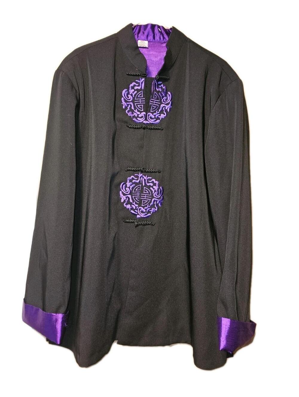 Chinese Tang Suit Jacket 4XL Black Purple Mandarin Frog Closure Embroidered Vtg